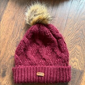 Barbour Maroon Cable Knit Beanie with Faux Fur Pom-Pom